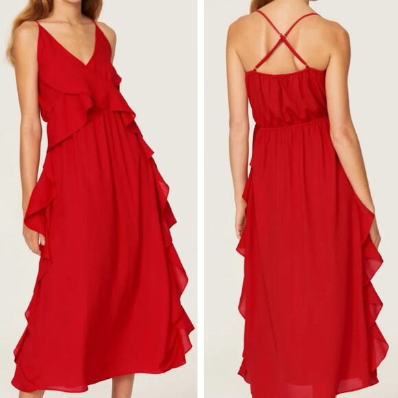 Area Stars Claire Dress XS Red Cascading Ruffle Midi Slip V-Neck Cocktail Party - Picture 1 of 13